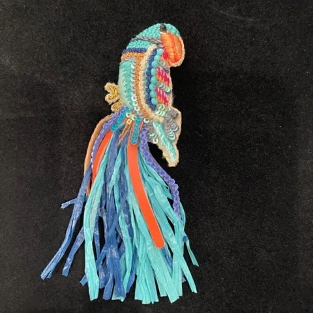 Handmade Beaded Embroidered Parrot Brooch w/ paper